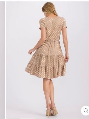 Polka Dot Short Sleeve Tiered Midi Dress in Beige